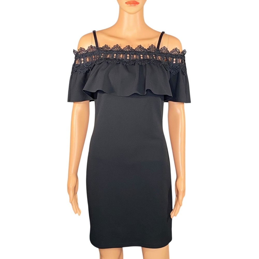by & by Black Cocktail Dress Off the Shoulder Lace Ruffle Knee Length Jun SZ 7